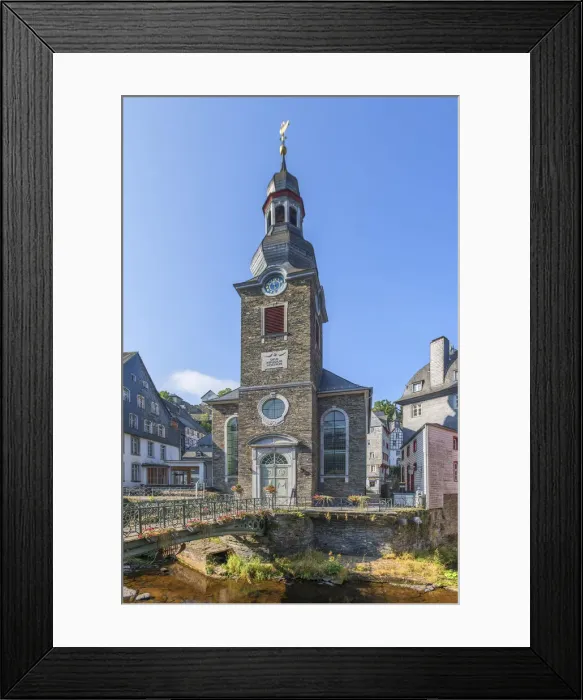 Framed Print : City church of Monschau, Eifel, North Rhine Westphalia, Germany Framed Print : City church of Monschau, Eifel, North Rhine Westphalia, Germany