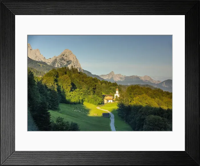 Framed Print : The iconic Wamberg Church, with Mount Alpspitze and Zugspitze beyond, Wamberg Framed Print : The iconic Wamberg Church, with Mount Alpspitze and Zugspitze beyond, Wamberg