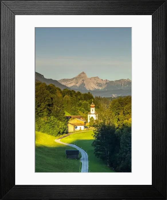 Framed Print : The iconic Wamberg Church, with Mount Alpspitze and Zugspitze beyond, Wamberg Framed Print : The iconic Wamberg Church, with Mount Alpspitze and Zugspitze beyond, Wamberg