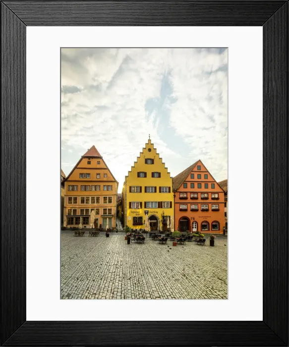 Framed Print : Cafes and colourful buildings at the market square, Rothenburg ob der Tauber, Germany Framed Print : Cafes and colourful buildings at the market square, Rothenburg ob der Tauber, Germany