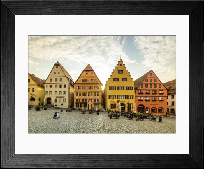 Framed Print : Cafes and colourful buildings at the market square, Rothenburg ob der Tauber, Germany Framed Print : Cafes and colourful buildings at the market square, Rothenburg ob der Tauber, Germany