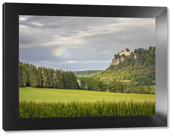 Rainbow over Werenwag Castle, Upper Danube Nature Park, Swabian Jura, Baden-Wurttemberg, Germany, Europe