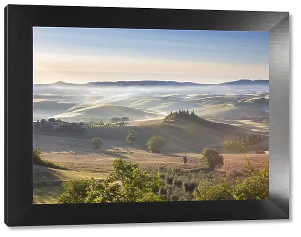 Belvedere and countryside at first light, San Quirico d Orcia, Tuscany, Italy