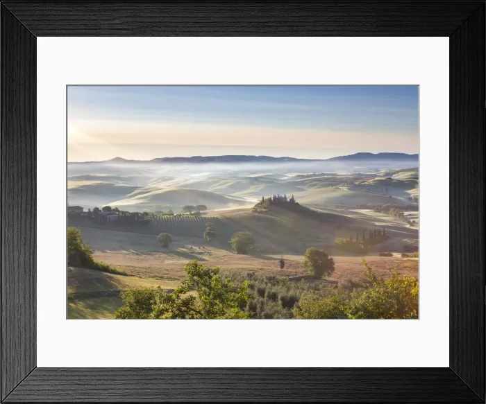 Framed Print : Belvedere and countryside at first light, San Quirico d Orcia, Tuscany, Italy Framed Print : Belvedere and countryside at first light, San Quirico d Orcia, Tuscany, Italy
