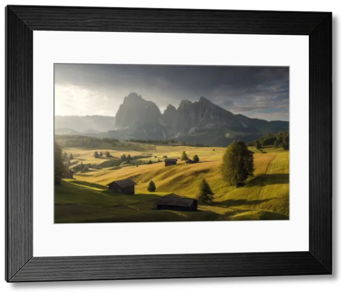 Framed Print : Alpine meadow and wooden huts in the Dolomites, Italy