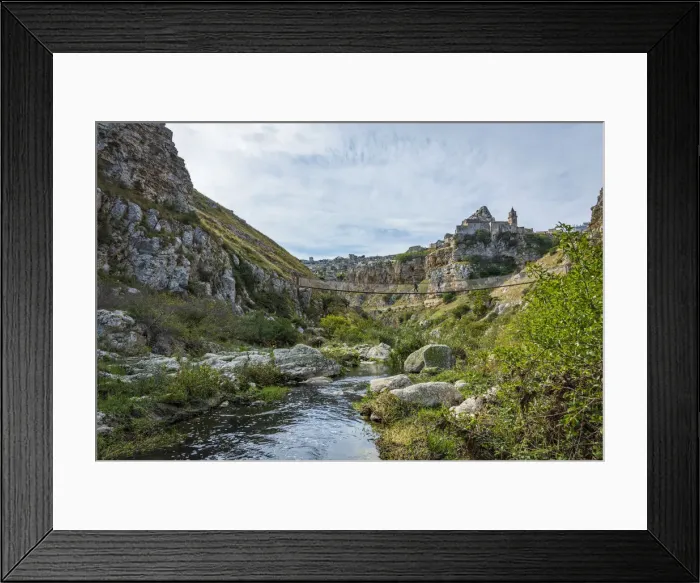 Framed Print : europe, Italy, Basilicata. Matera, the suspension bridge over the river Gravina Framed Print : europe, Italy, Basilicata. Matera, the suspension bridge over the river Gravina