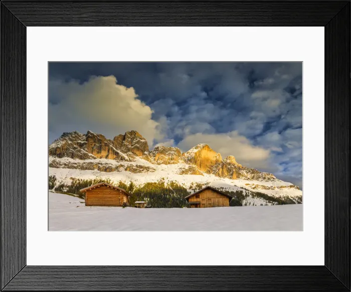 Framed Print : Barns Below Cantinaccio (Rosengarten) in Winter, Trentino, Dolomites, Italy Framed Print : Barns Below Cantinaccio (Rosengarten) in Winter, Trentino, Dolomites, Italy