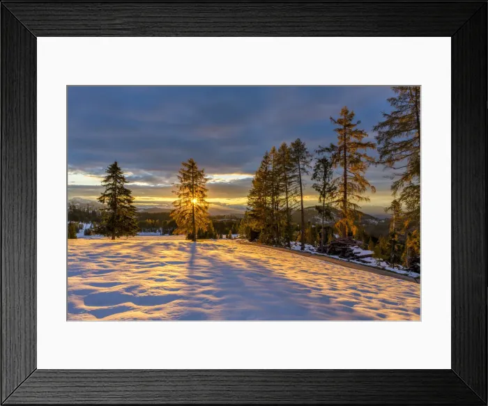 Framed Print : Sunburst Through Autumn Larch in Fresh Snow, South Tyrol, Dolomites, Italy Framed Print : Sunburst Through Autumn Larch in Fresh Snow, South Tyrol, Dolomites, Italy