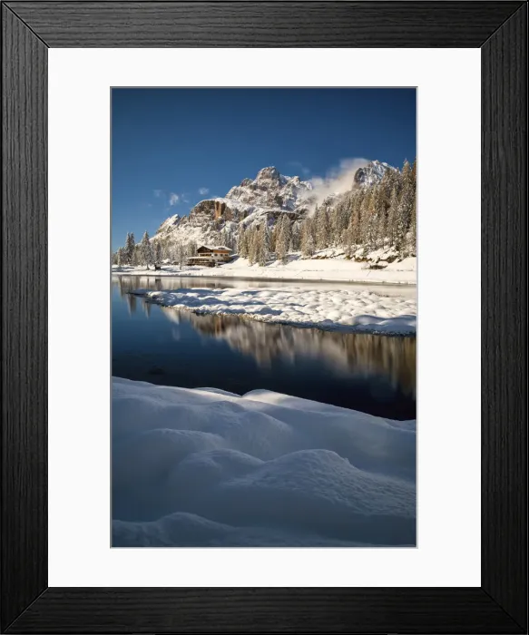 Framed Print : Fresh Snowfall at Lake Antorno, Belluno Province, Veneto, Dolomites, Italy