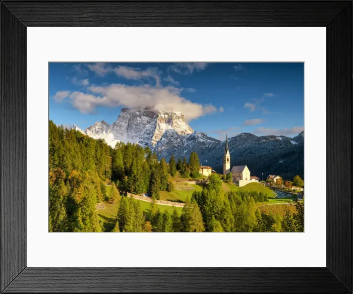 Framed Print : San Lorenzo Church & Mt. Pelmo in Autumn, Selva di Cadore, Belluno Province, Veneto Framed Print : San Lorenzo Church & Mt. Pelmo in Autumn, Selva di Cadore, Belluno Province, Veneto