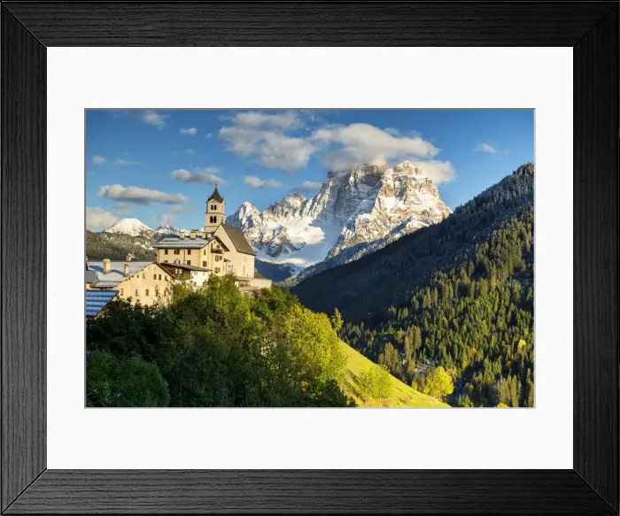 Framed Print : Church & Mt. Pelmo, Colle Santa Lucia, Dolomites, Italy