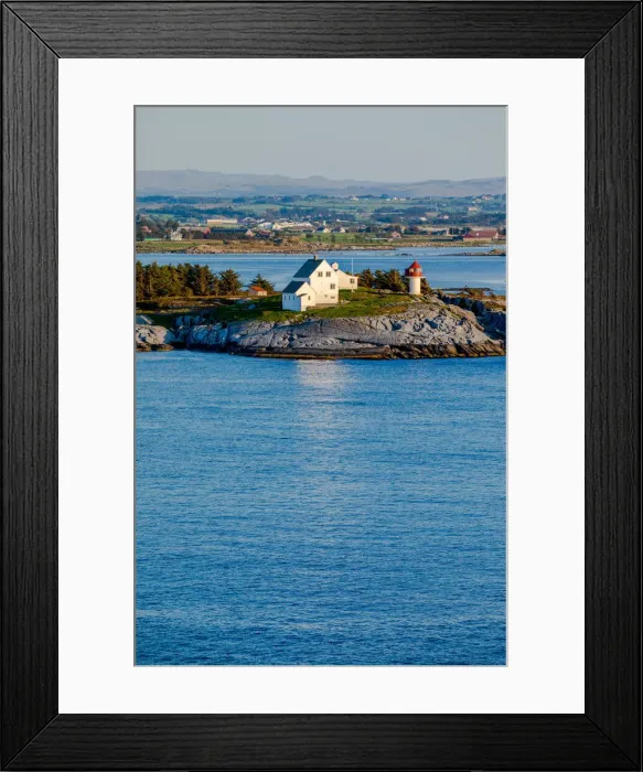 Framed Print : Norway, Rogaland, Mekjarvik, Houses and a small lighthouse at the entrance of Framed Print : Norway, Rogaland, Mekjarvik, Houses and a small lighthouse at the entrance of