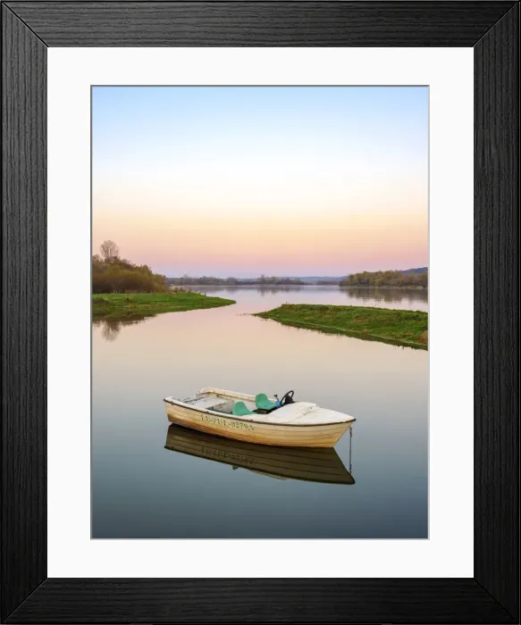 Framed Print : Boat on Vistula River at dusk, Janowiec, Lublin Voivodeship, Poland