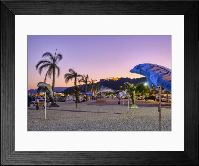 Framed Print : Dolphins park near the fishing harbour of Setubal. The Sao Filipe fortress up the hill. Portugal Framed Print : Dolphins park near the fishing harbour of Setubal. The Sao Filipe fortress up the hill. Portugal