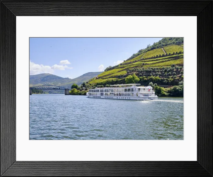 Framed Print : A Douro river cruise ship passing along the village of Pinhao