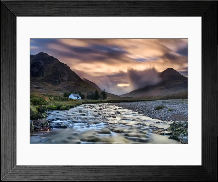 Framed Print : Lone White Cottage by River Coupall, Glen Coe, Highlands, Scotland Framed Print : Lone White Cottage by River Coupall, Glen Coe, Highlands, Scotland