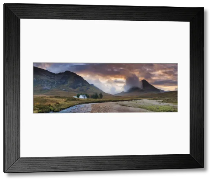 Framed Print : Lone White Cottage by River Coupall at Sunset, Glen Coe, Highlands, Scotland Framed Print : Lone White Cottage by River Coupall at Sunset, Glen Coe, Highlands, Scotland
