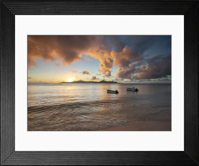 Framed Print : Boats on Anse Reunion, La Digue, Seychelles