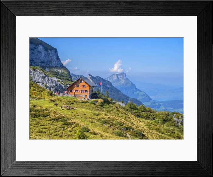 Framed Print : Lidernen hut at Chaiserstock mountain range, Riemenstalden, Glarner Alps, canton Schwyz, Switzerland