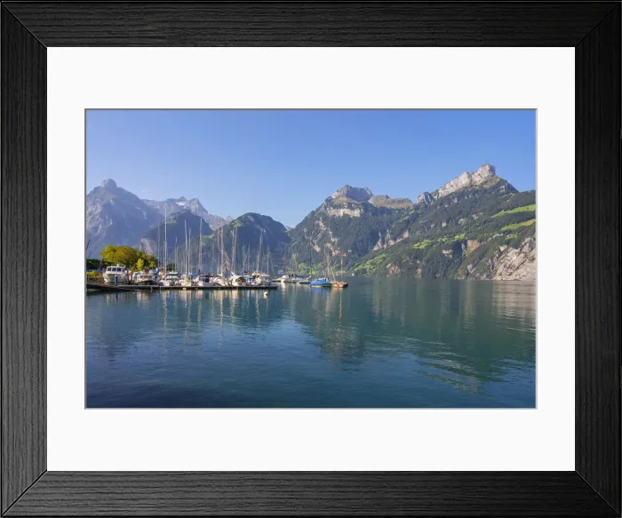 Framed Print : Marina at Sisikon with Lake Lucerne and Urner Alps, canton Uri, Switzerland Framed Print : Marina at Sisikon with Lake Lucerne and Urner Alps, canton Uri, Switzerland