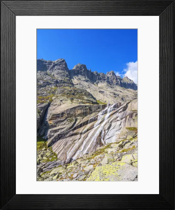 Framed Print : Waterfall with Gelmerhorner, Urner Alps, canton Berne, Switzerland Framed Print : Waterfall with Gelmerhorner, Urner Alps, canton Berne, Switzerland