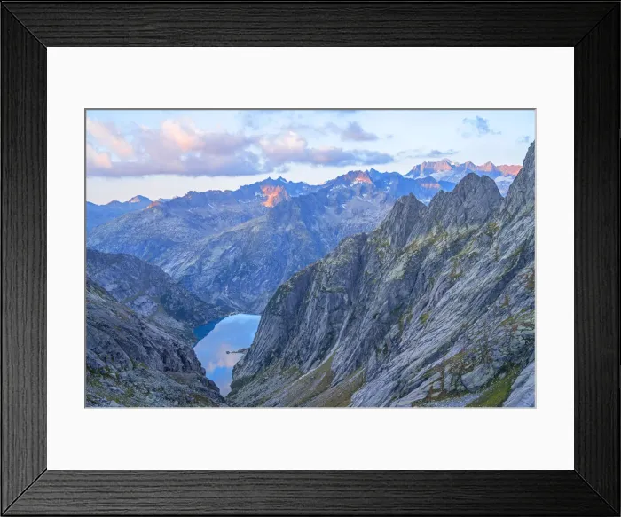 Framed Print : Gelmer lake seen at dawn from Gelmer hut, Urner Alps, canton Berne, Switzerland Framed Print : Gelmer lake seen at dawn from Gelmer hut, Urner Alps, canton Berne, Switzerland