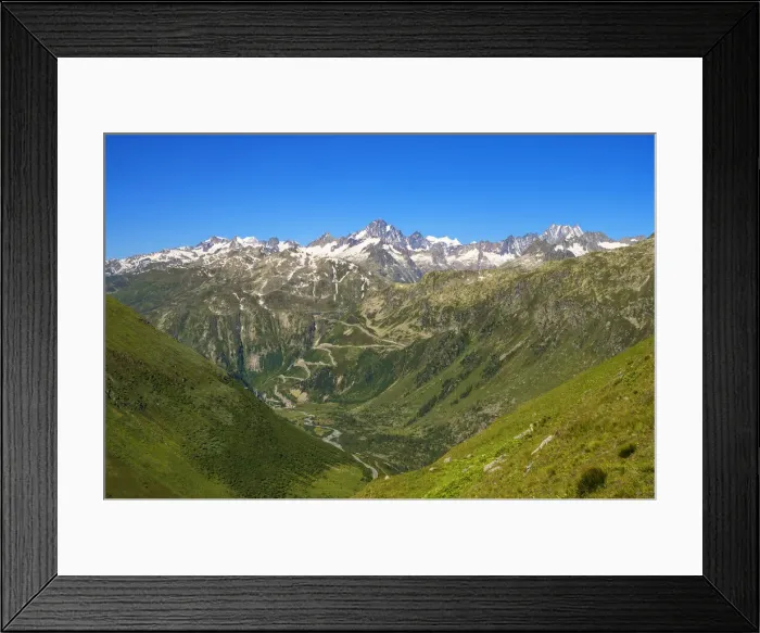 Framed Print : Bernese Alps and Grimsel pass road seen from Furka pass, Urner Alps, canton Valais Framed Print : Bernese Alps and Grimsel pass road seen from Furka pass, Urner Alps, canton Valais