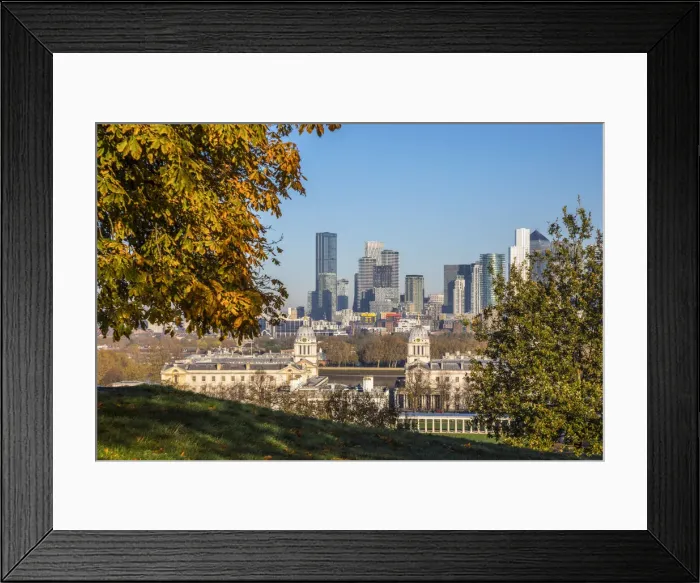 Framed Print : Docklands skyline from Greenwich park, Greenwich, London, England, UK Framed Print : Docklands skyline from Greenwich park, Greenwich, London, England, UK