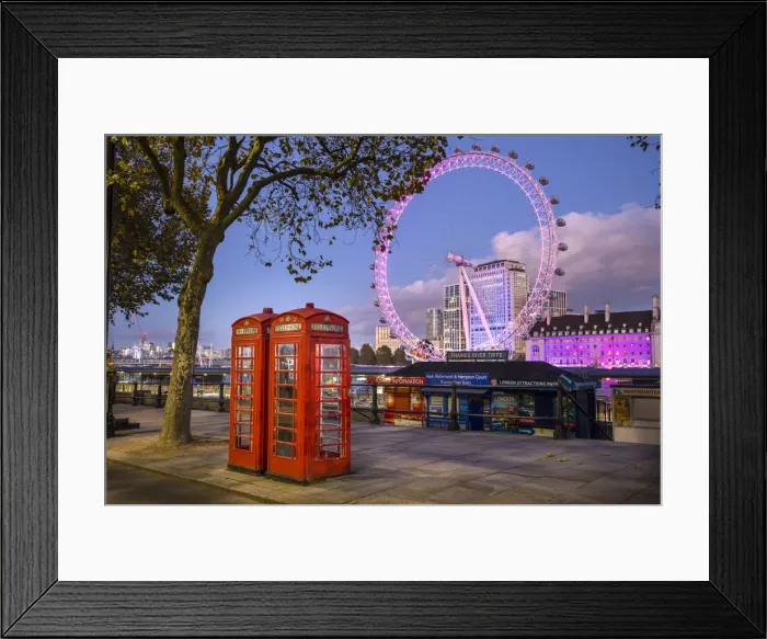Framed Print : Telephone boxes & London Eye, London, England Framed Print : Telephone boxes & London Eye, London, England