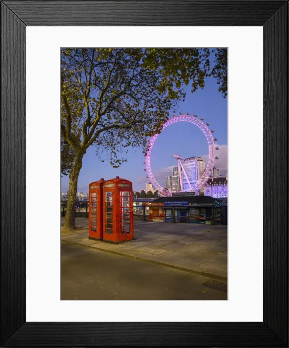 Framed Print : Telephone boxes & London Eye, London, England Framed Print : Telephone boxes & London Eye, London, England