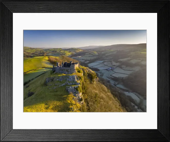 Framed Print : Aerial vista of Carreg Cennen Castle in the Brecon Beacons National Park, Carmarthenshire Framed Print : Aerial vista of Carreg Cennen Castle in the Brecon Beacons National Park, Carmarthenshire