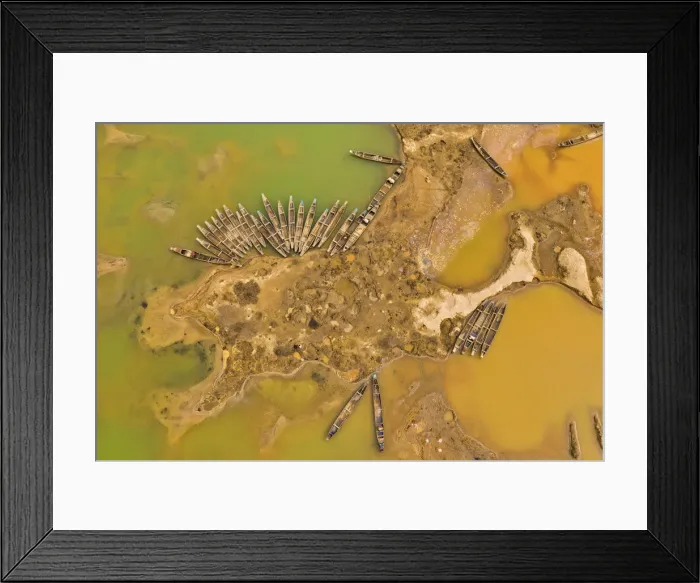Framed Print : Hundreds of moored boats create incredible wooden patterns, Jadukata River, Sunamganj