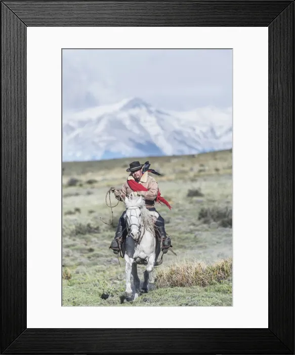 Framed Print : Cowboy on horseback, Torres del Paine National Park, Chile, MR