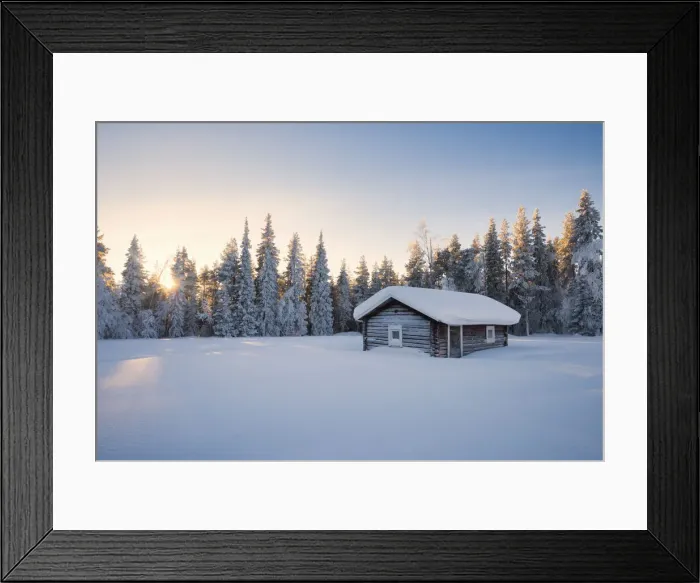 Framed Print : Wooden house in the snowy forest, Kiruna, Norrbotten County, Lapland, Sweden, Europe