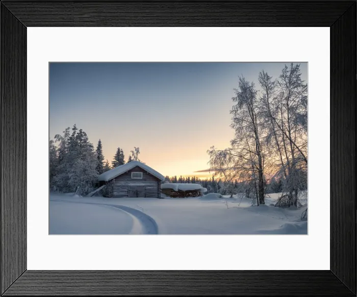 Framed Print : Wooden house in the snowy forest during sunset, Kiruna, Norrbotten County, Lapland Framed Print : Wooden house in the snowy forest during sunset, Kiruna, Norrbotten County, Lapland