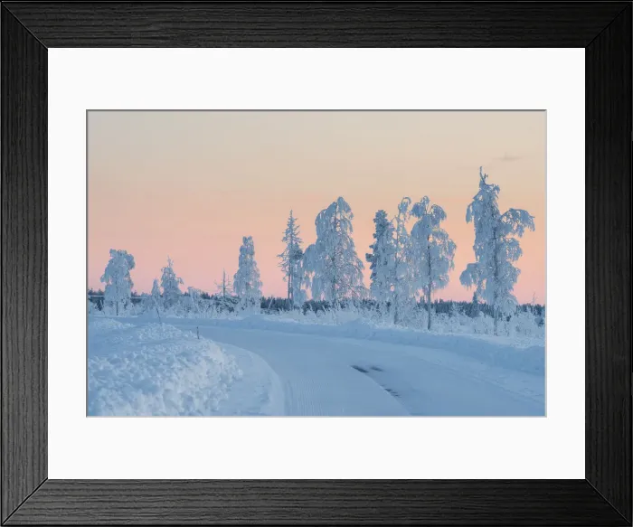 Framed Print : Snowy road during sunset, Kiruna, Norrbotten County, Lapland, Sweden, Europe Framed Print : Snowy road during sunset, Kiruna, Norrbotten County, Lapland, Sweden, Europe