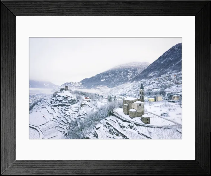 Framed Print : Aerial view of Sant Antonio Abate church and Grumello Castle in background Framed Print : Aerial view of Sant Antonio Abate church and Grumello Castle in background