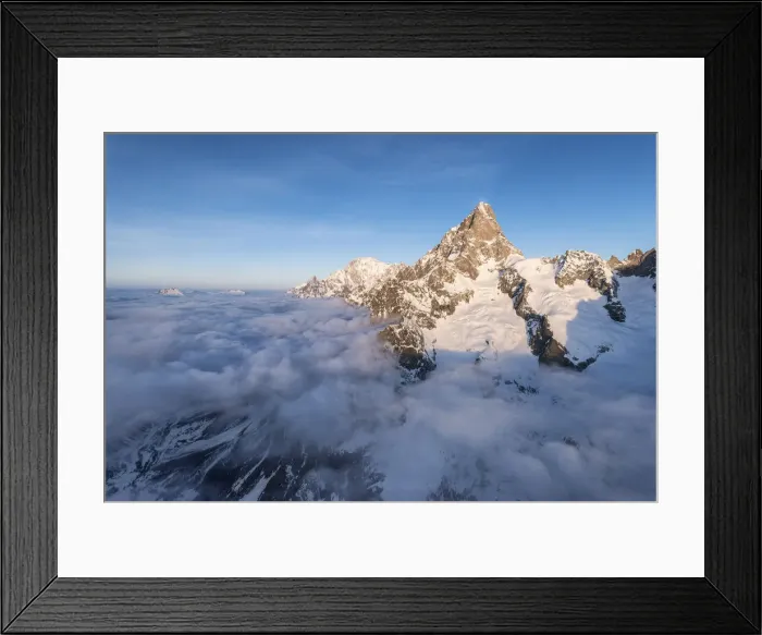 Framed Print : Aerial view of Grandes Jorasses of Mont Blanc during sunrise, Courmayeur, Aosta Valley