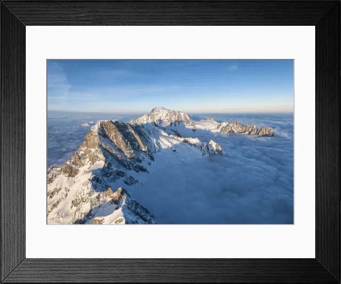 Framed Print : Aerial view of Grandes Jorasses and Mont Blanc in background during sunrise, Courmayeur Framed Print : Aerial view of Grandes Jorasses and Mont Blanc in background during sunrise, Courmayeur