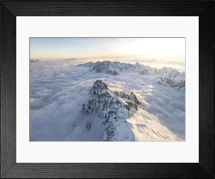 Framed Print : Aerial view of snowy peaks of Mont Blanc during sunrise, Courmayeur, Aosta Valley, Italy