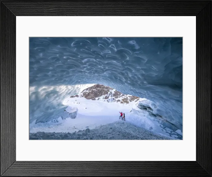 Framed Print : Hikers inside the ice cave in Val Roseg, Pontresina, Canton of GraubAonden, Engadine Framed Print : Hikers inside the ice cave in Val Roseg, Pontresina, Canton of GraubAonden, Engadine