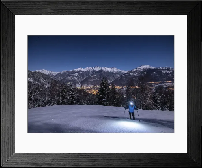 Framed Print : Young girl with snowshoes in a night with full moon, Piazzola alp Framed Print : Young girl with snowshoes in a night with full moon, Piazzola alp