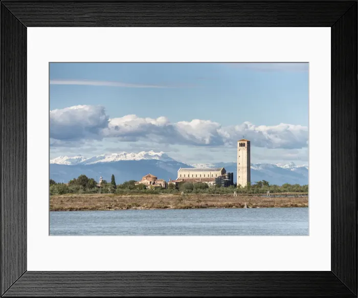 Framed Print : Church and bell tower of Torcello island and snowy Alps in background, Torcello island Framed Print : Church and bell tower of Torcello island and snowy Alps in background, Torcello island