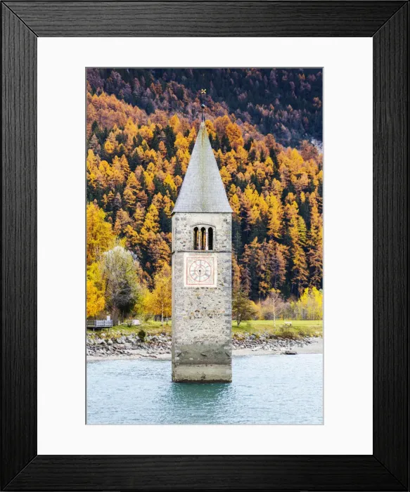 Framed Print : Submerged tower of Curon Venosta in autumn. Curon Venosta, South Tirol, Italy Framed Print : Submerged tower of Curon Venosta in autumn. Curon Venosta, South Tirol, Italy