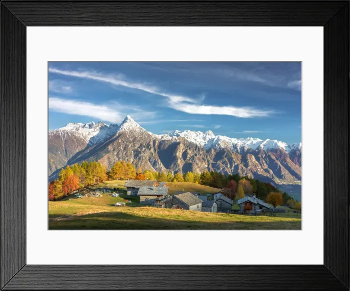 Framed Print : Alpine village of Cermine with view on snowcapped mountains Framed Print : Alpine village of Cermine with view on snowcapped mountains