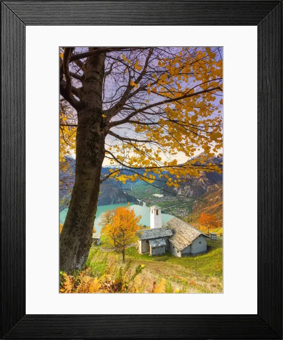 Framed Print : Autumn colors at the Foppaccia church at sunset with view on the Novate Lake and valley Framed Print : Autumn colors at the Foppaccia church at sunset with view on the Novate Lake and valley