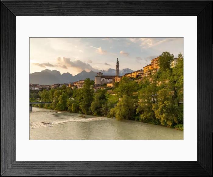 Framed Print : View of the historic center of Belluno with the Piave river flowing at sunset Framed Print : View of the historic center of Belluno with the Piave river flowing at sunset