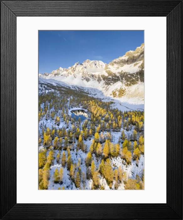 Framed Print : Aerial view of the Nero Lake and the Buscagna Valley in autumn (Alpe Devero Framed Print : Aerial view of the Nero Lake and the Buscagna Valley in autumn (Alpe Devero