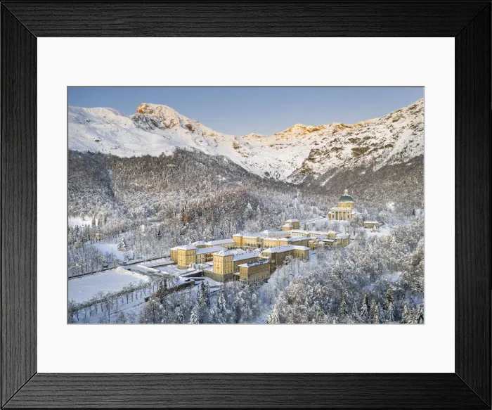 Framed Print : The Marian Sanctuary of Oropa after an heavy snowfall at dawn (Biella, Biella province Framed Print : The Marian Sanctuary of Oropa after an heavy snowfall at dawn (Biella, Biella province