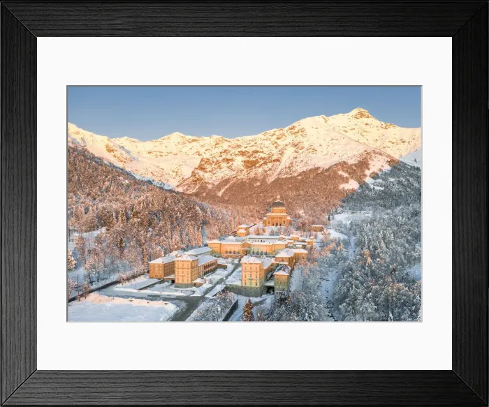 Framed Print : The Marian Sanctuary of Oropa after an heavy snowfall at sunrise (Biella, Biella province Framed Print : The Marian Sanctuary of Oropa after an heavy snowfall at sunrise (Biella, Biella province